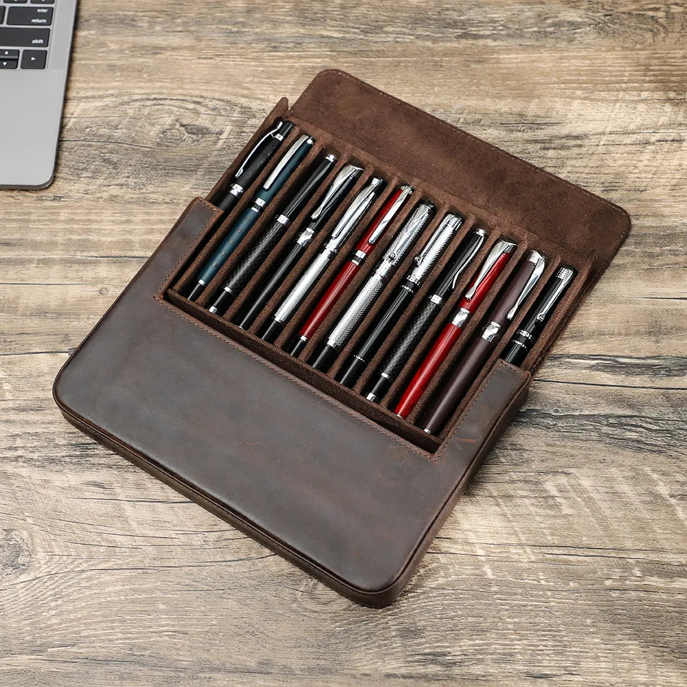 Retro Crazy Horse Leather Pencil Roll Up Cases Pen Bag Pouch