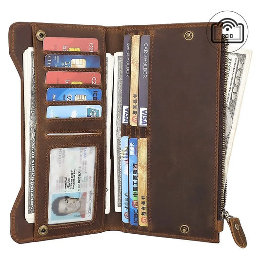 Retro Leather Wallet for Men – RFID Protection, Multi-Card Holder, Long Cowhide Card Case