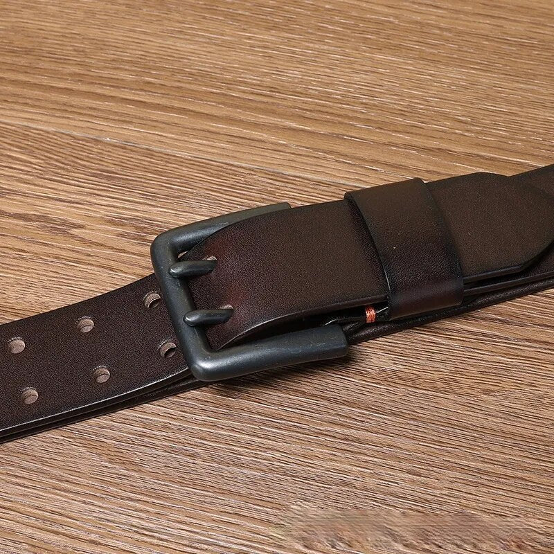 "Luxury Vintage Double Prong Buckle Men's Leather Belt"