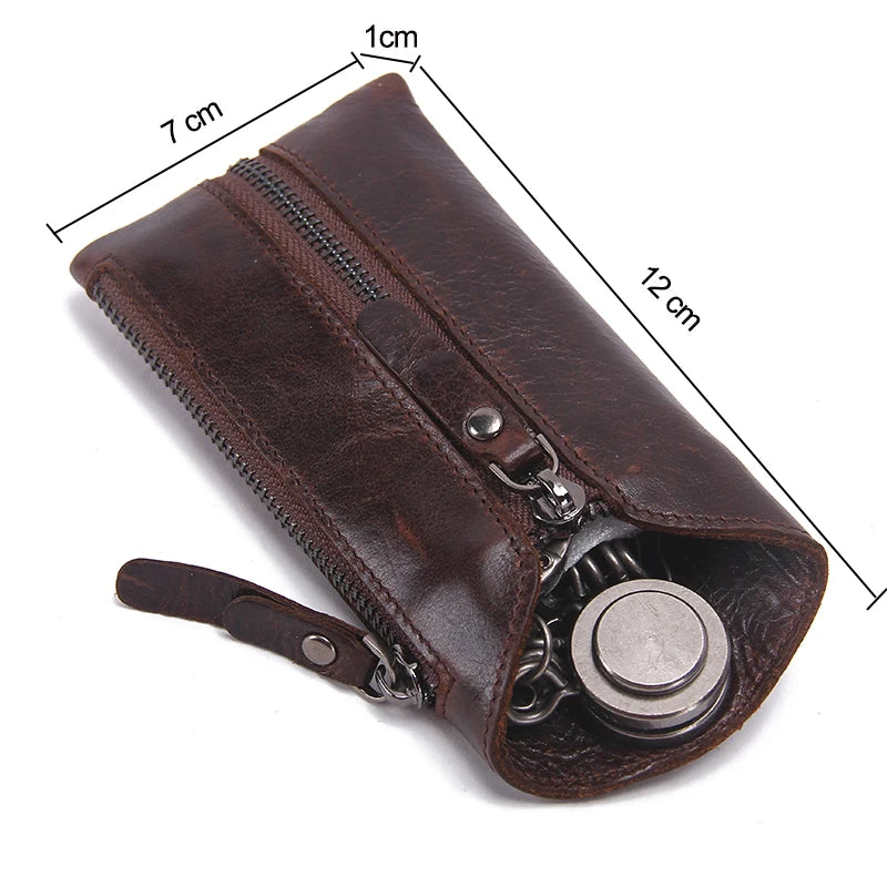 "Vintage Leather Key Wallet Organizer with Zipper Closure"