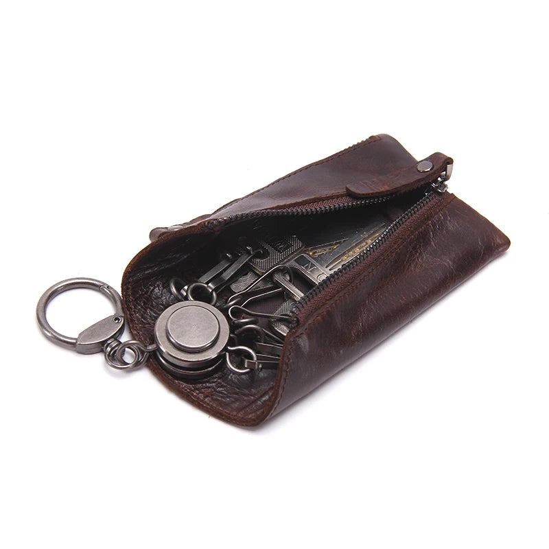 "Vintage Leather Key Wallet Organizer with Zipper Closure"