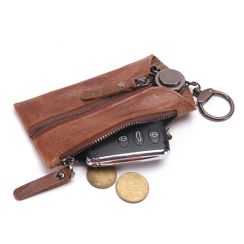 "Vintage Leather Key Wallet Organizer with Zipper Closure"