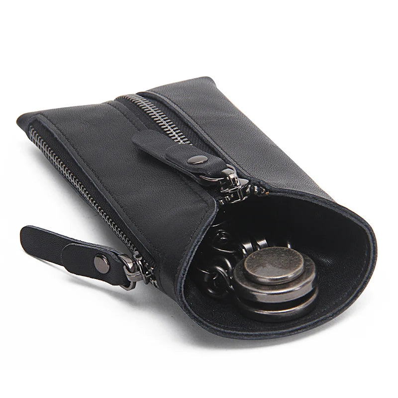 "Vintage Leather Key Wallet Organizer with Zipper Closure"