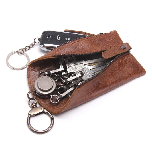 "Vintage Leather Key Wallet Organizer with Zipper Closure"