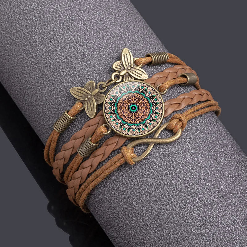 Vintage Mandala Flower Glass Dome Leather Wrap Bracelet