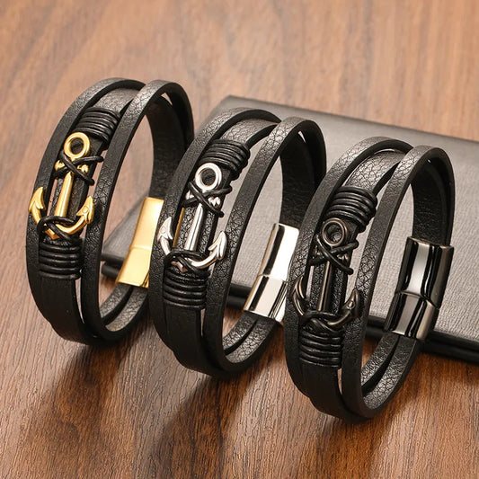 "Anchor Charm Multilayer Leather Bracelet"