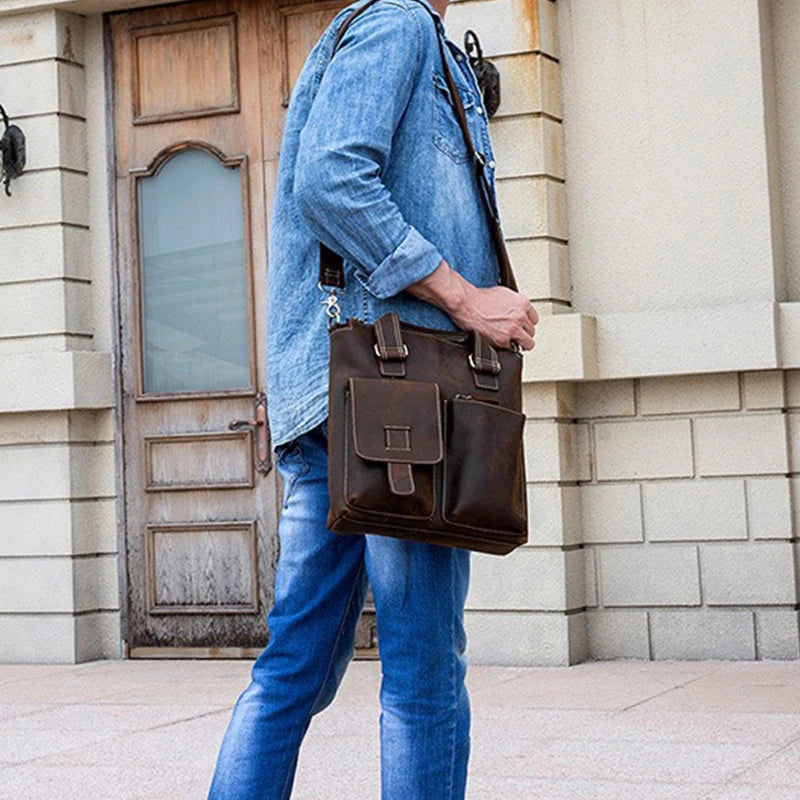 "Men's Vintage Leather Briefcase - Premium Waterproof Messenger Bag"