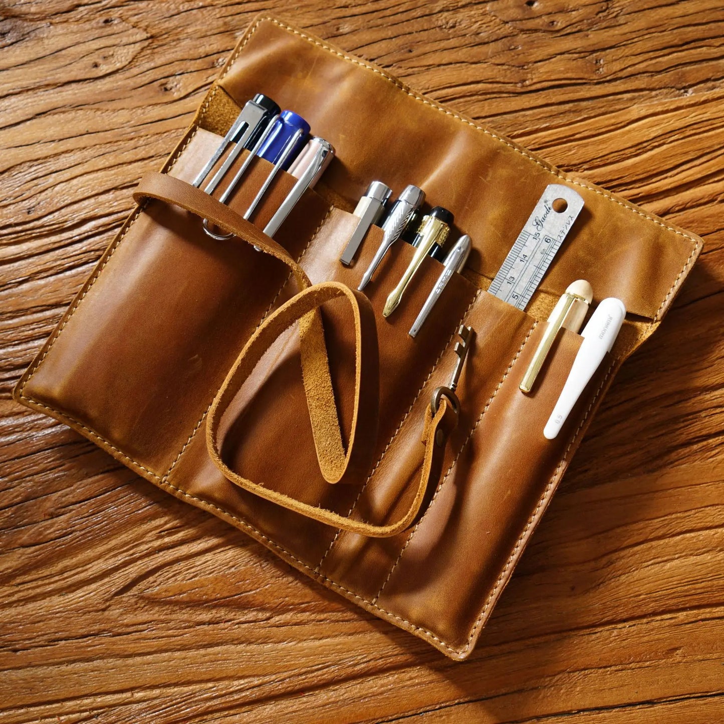 Vintage Genuine Leather Pen Roll Case