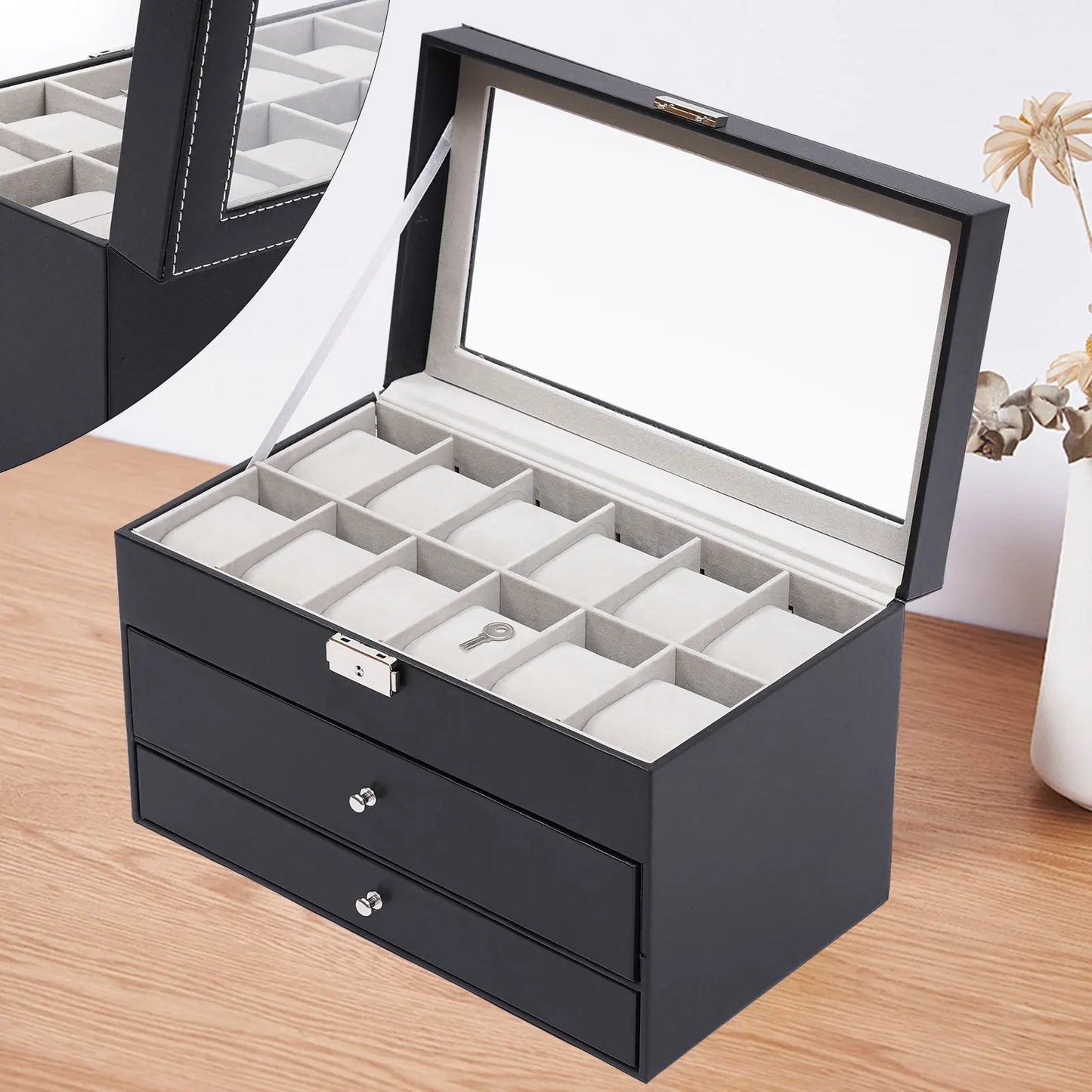 "Premium 3-Layer Black Leather Watch and Jewelry Organizer"