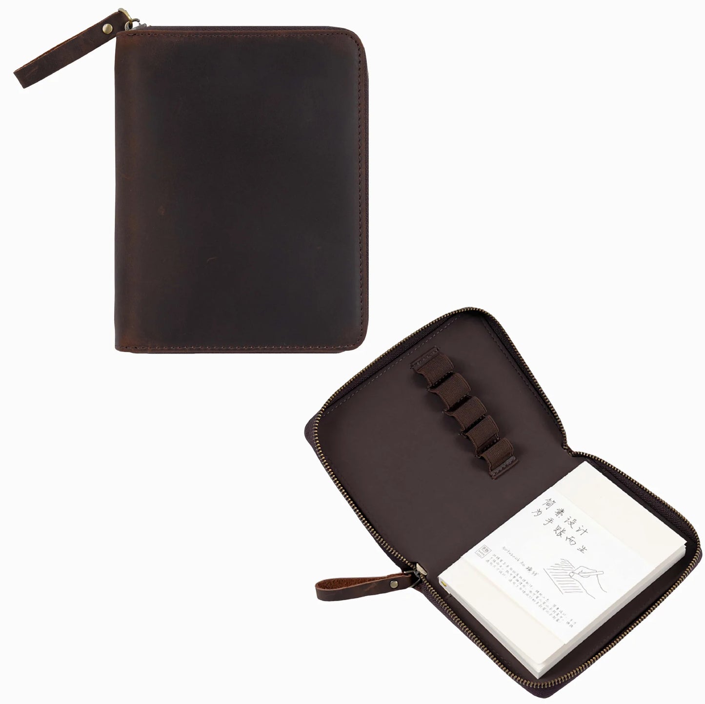 "Premium A6 Genuine Leather Zippered Notebook Planner Cover"