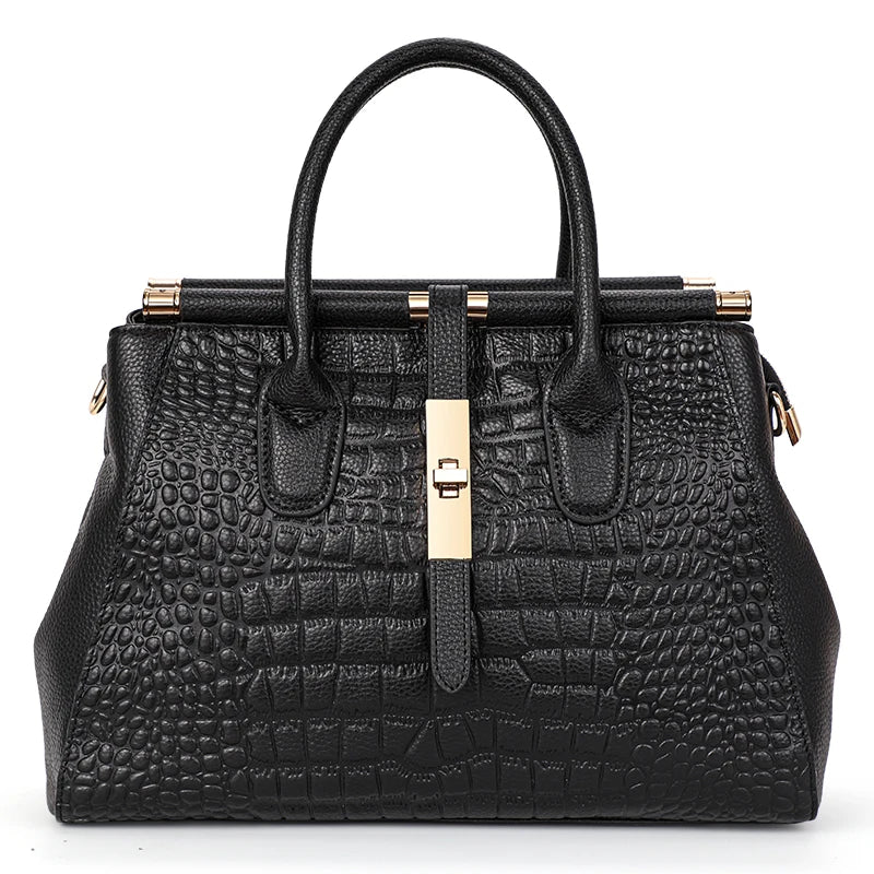 Luxury Black Crocodile Pattern Women's Handbag – Large Capacity Cowhide Leather Shoulder & Crossbody Bag for Elegant Style