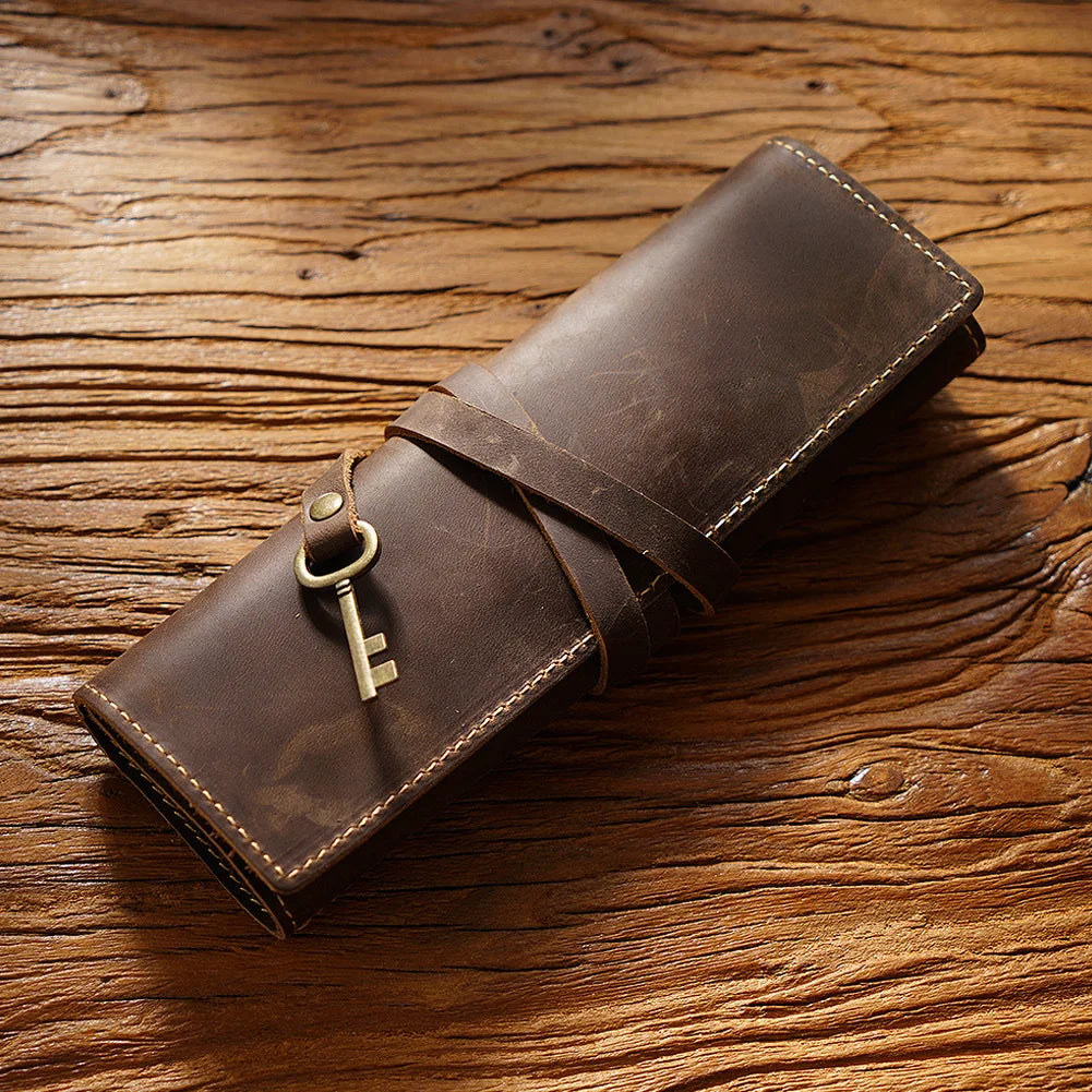 Vintage Genuine Leather Pen Roll Case