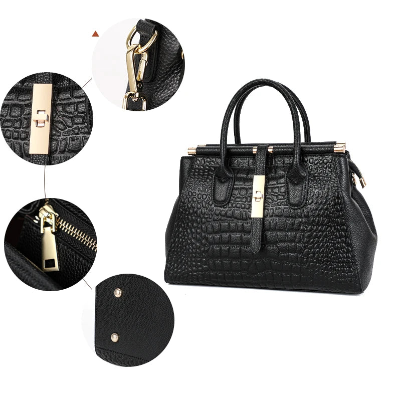 Luxury Black Crocodile Pattern Women's Handbag – Large Capacity Cowhide Leather Shoulder & Crossbody Bag for Elegant Style