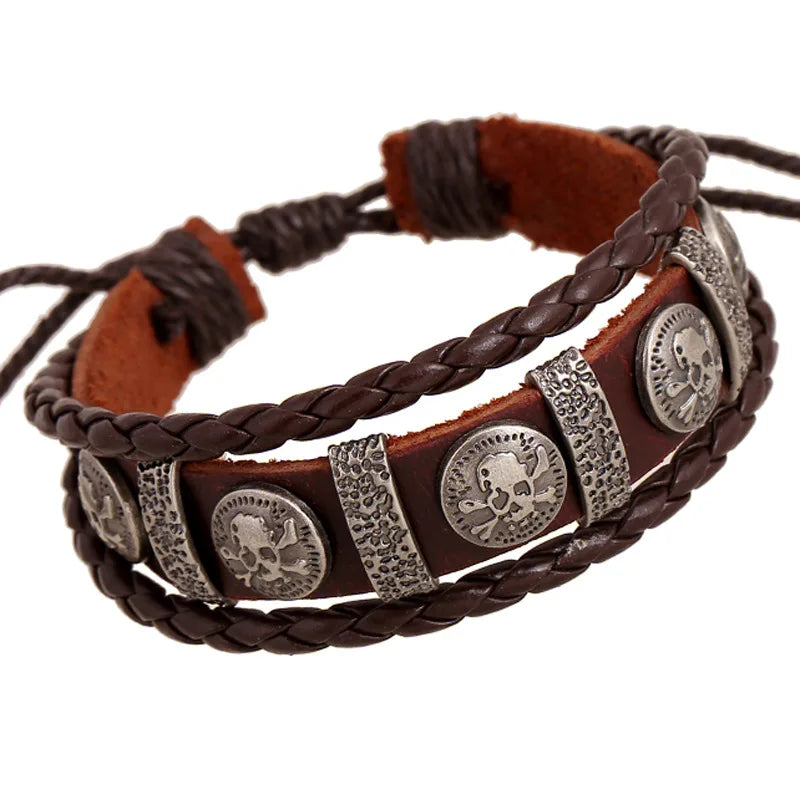 Classic Weave Pirate Skull Charms Brown Genuine Leather Bangles Three Layers Braided Adjustable Bracelets Jewelry Wholesale