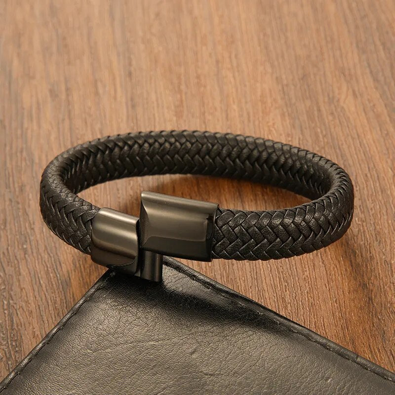 "Stainless Steel Magnetic Bangle: Classic Hand-Braided Leather Bracelet"