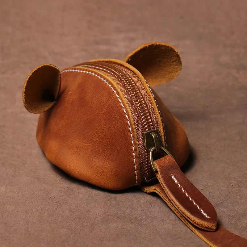 "Vintage Genuine Leather Mouse Coin Purse Key Wallet"