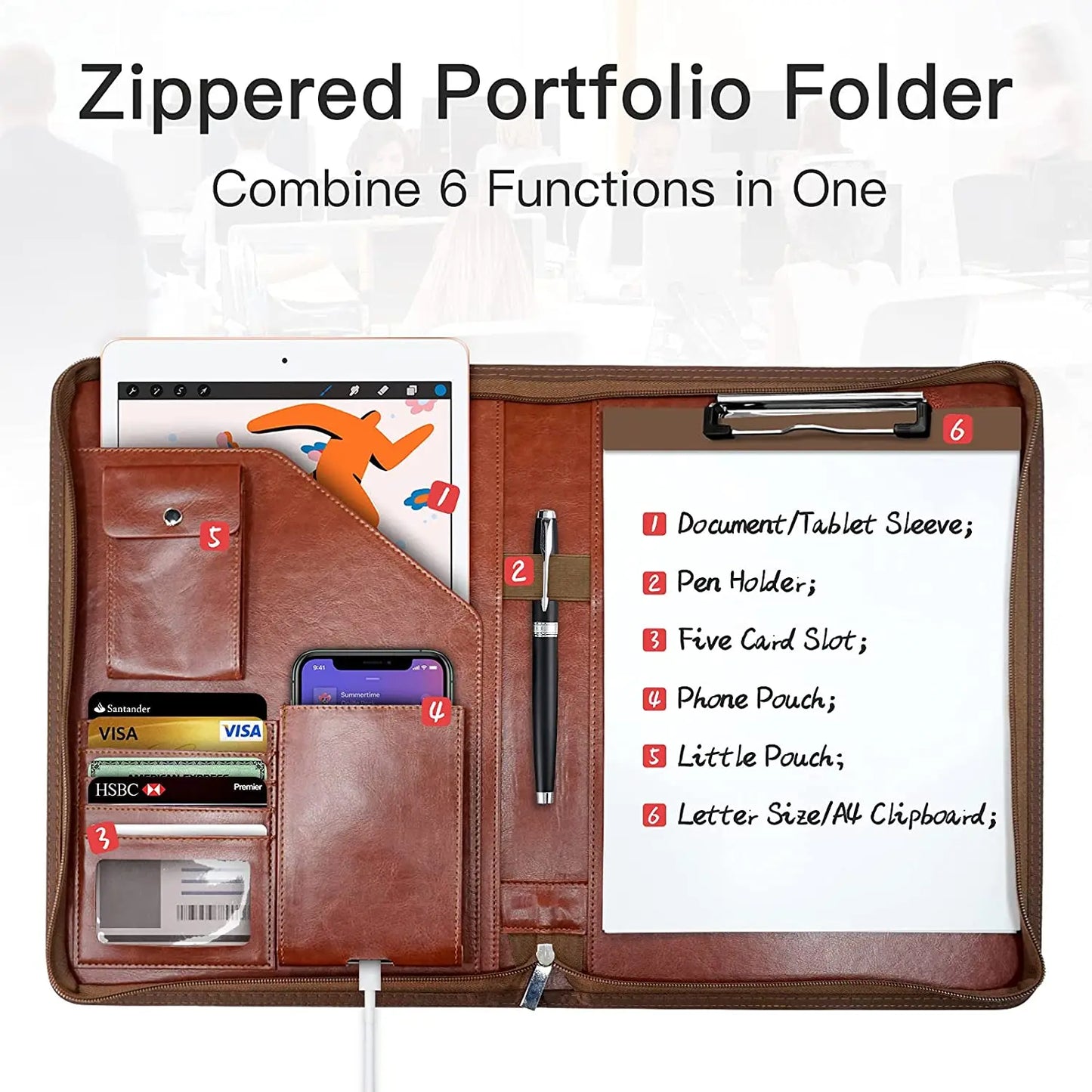 Executive A4 Leather Conference Folder - Zippered Business Organizer