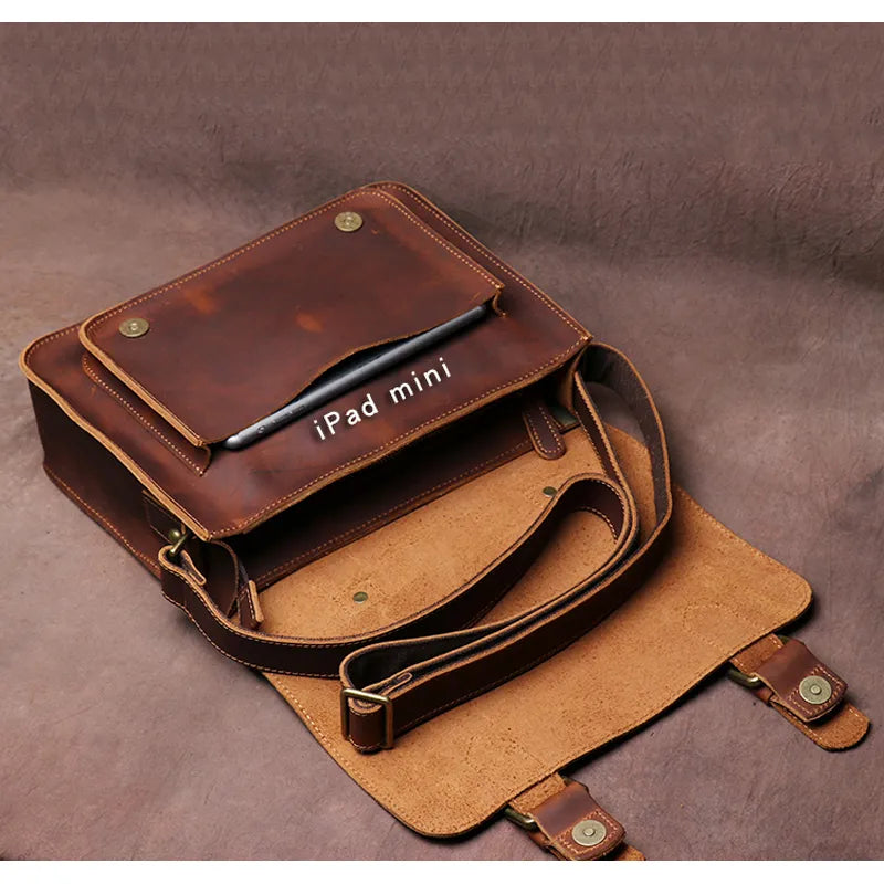 "Retro Charm: Crazy Horse Leather Stylish Men's Vintage Leather Shoulder Bag"