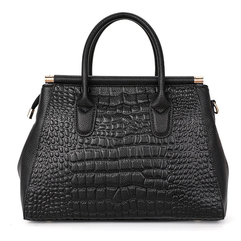 Luxury Black Crocodile Pattern Women's Handbag – Large Capacity Cowhide Leather Shoulder & Crossbody Bag for Elegant Style