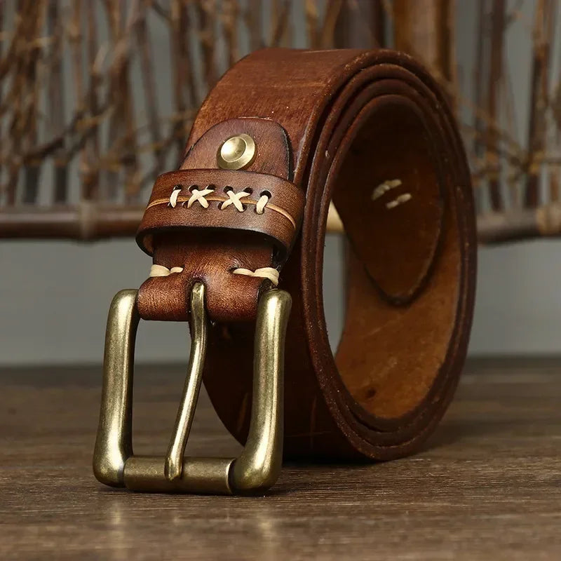 "Men's Premium Genuine Leather Belt with Brass Buckle"