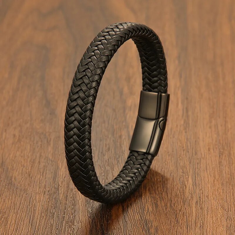 "Stainless Steel Magnetic Bangle: Classic Hand-Braided Leather Bracelet"