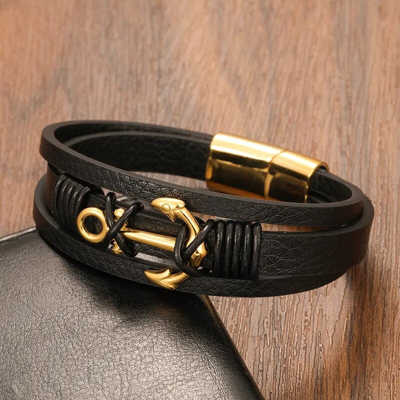 "Anchor Charm Multilayer Leather Bracelet"