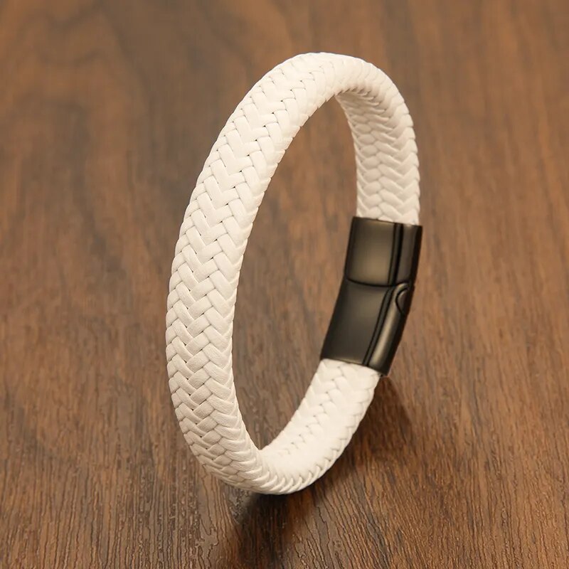 "Stainless Steel Magnetic Bangle: Classic Hand-Braided Leather Bracelet"