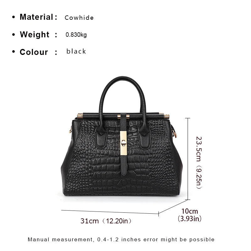 Luxury Black Crocodile Pattern Women's Handbag – Large Capacity Cowhide Leather Shoulder & Crossbody Bag for Elegant Style