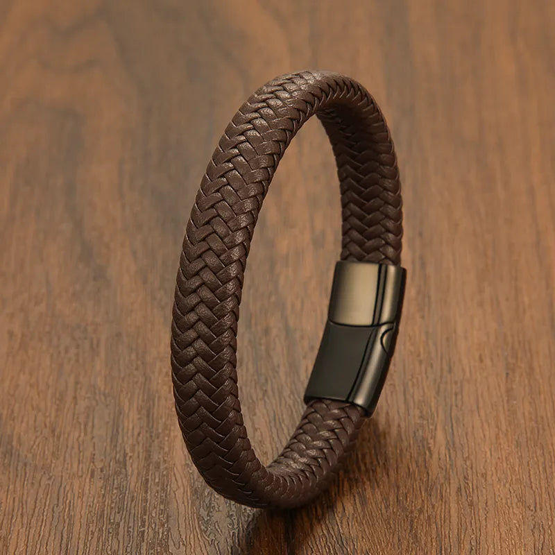 "Stainless Steel Magnetic Bangle: Classic Hand-Braided Leather Bracelet"