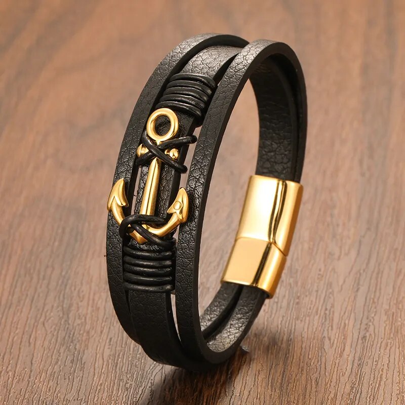 "Anchor Charm Multilayer Leather Bracelet"