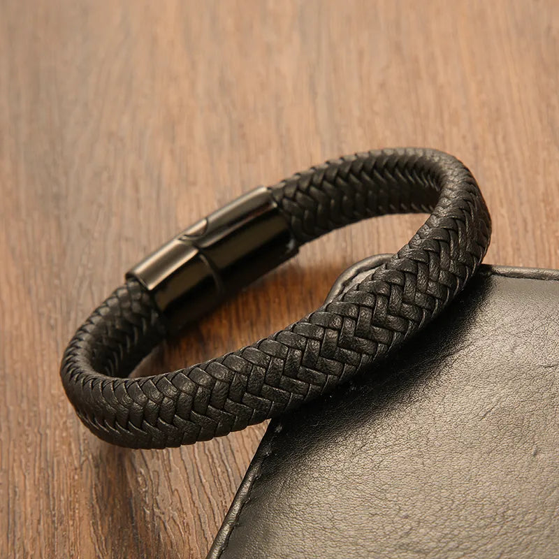 "Stainless Steel Magnetic Bangle: Classic Hand-Braided Leather Bracelet"