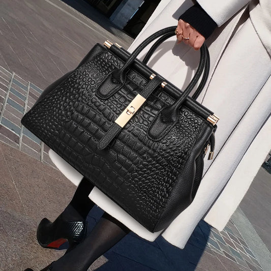 Luxury Black Crocodile Pattern Women's Handbag – Large Capacity Cowhide Leather Shoulder & Crossbody Bag for Elegant Style