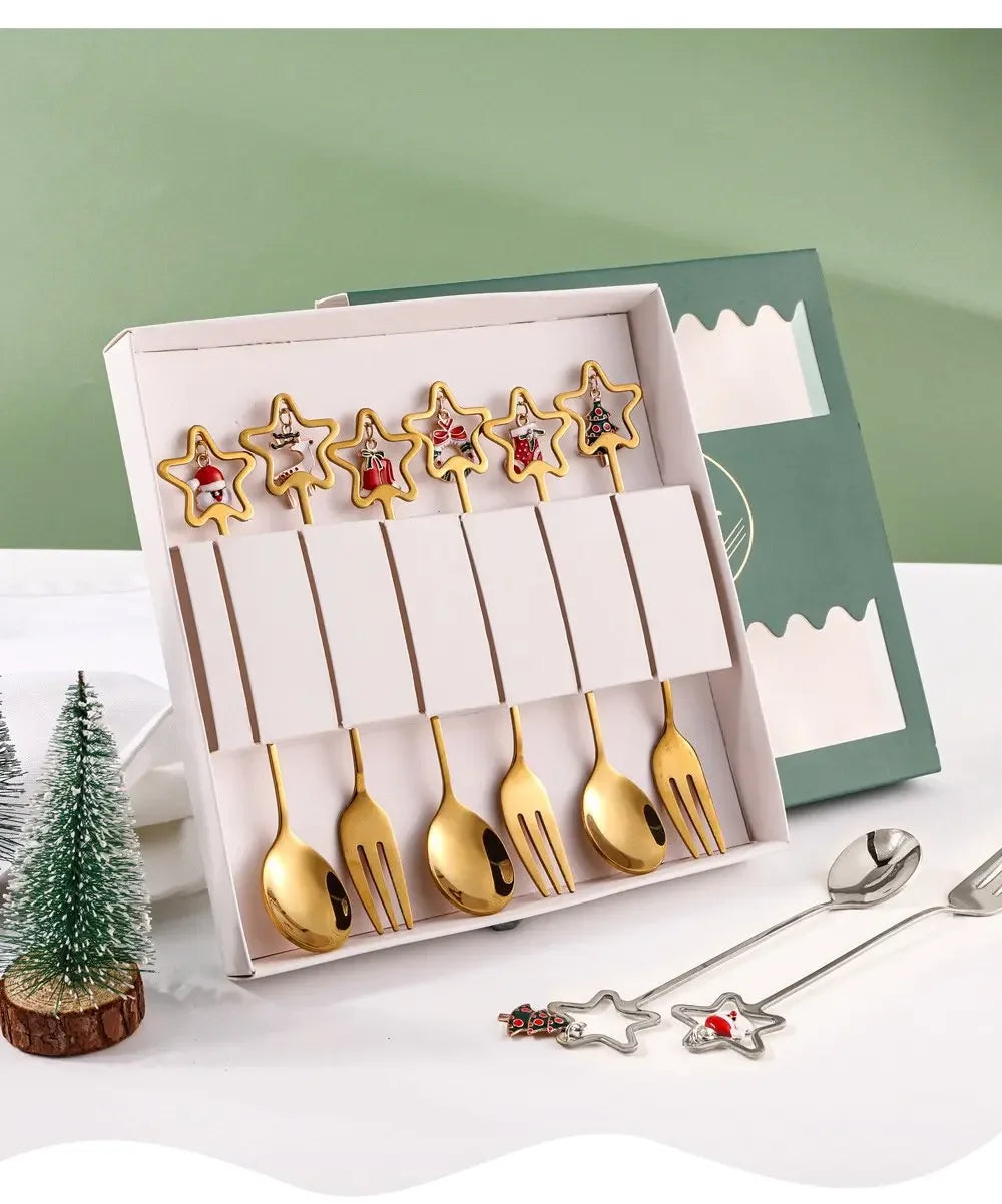 "Creative Stainless Steel Christmas Spoon & Fork Set for Parties and Gift"