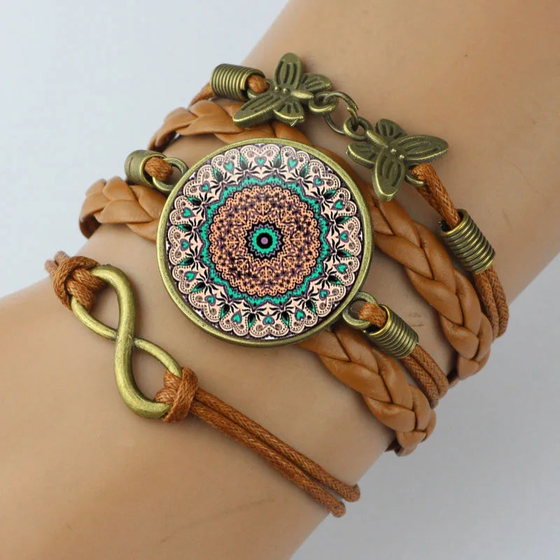 Vintage Mandala Flower Glass Dome Leather Wrap Bracelet